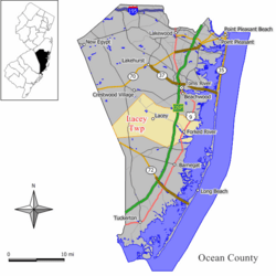 Map of Lacey Township in Ocean County. Inset: Location of Ocean County highlighted in the State of New Jersey.