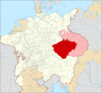 The Kingdom of Bohemia (dark red) with other Bohemian Crown lands (light red) within the Holy Roman Empire (1618)