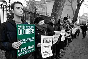 London protest against Saudi Arabia's detention and flogging of prisoner of conscience Raif Badawi