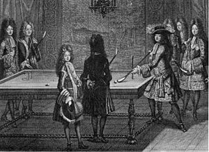 Louis XIV of France with his brother, nephew and son playing billiards (1694)