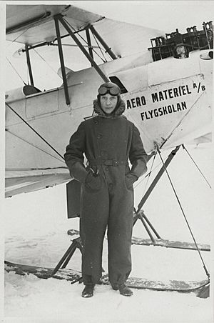 Miss Prim with aeroplane at the flight school Aero Material in Stockholm, Sweden