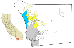 North County cities (blue and yellow) and census-designated places (cyan and cream). Certain neighborhoods in northern San Diego may also be considered part of North County.