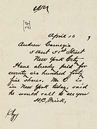 Note from frick to carnegie on stock purchases
