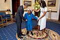 President Barack Obama and First Lady Michelle Obama greet 106-Year-Old Virginia McLaurin during a photo line in the Blue Room of the White House prior to a reception celebrating African American History Month, Feb. 18, 2016