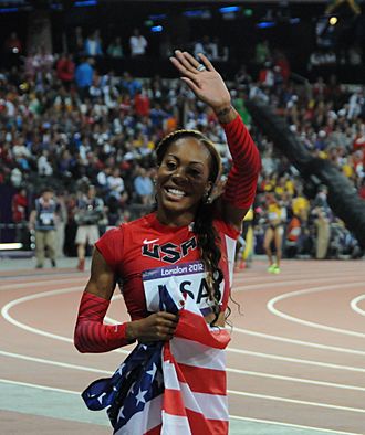 Sanya Richards-Ross - 4x400 relay - 2012 Summer Olympics (cropped)