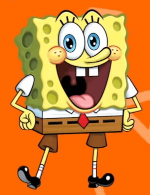 A cartoon illustration of a yellow rectangular sponge with olive-green holes smiling with his blue eyes and red dimpled cheeks.