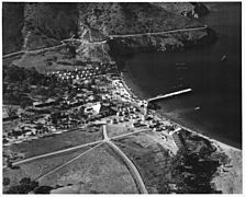 (Aerial view of structures comprising Naval-Coast Guard base at the Isthmus of Catalina Island. Largest building with... - NARA - 295505