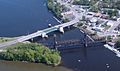 Aerial view of Prescott Bridge and BNSF Railway bridge over St. Croix River (2010)