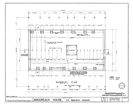 Basement Floor and Structural Plan-- Amoureaux House in Ste Genevieve MO