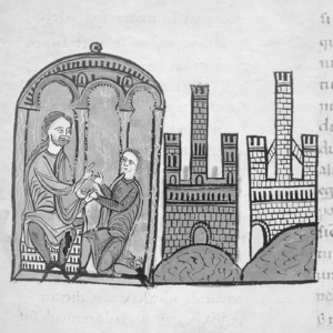 Bernard commending his patrimony to his son, William, in a miniature accompanying his testament in the Liber feudorum maior (folio 61r)