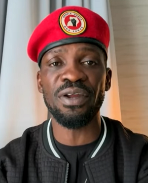 Headshot of Bobi Wine giving an online interview