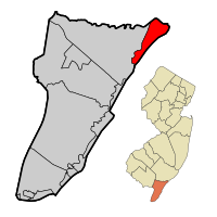 Ocean City highlighted in Cape May County. Inset map: Cape May County highlighted in the State of New Jersey.