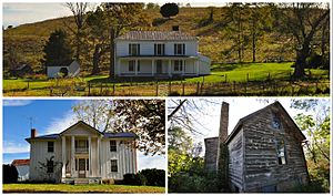 National Register of Historic Places located near Childress, Virginia. Top: Bowyer-Trollinger Farm; Bottom L-R: Thomas Hall House and Cromer House.
