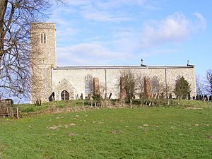 A plain stone church, partly rendered, seen from the south with a tower to the left and the body of the church extending to the right