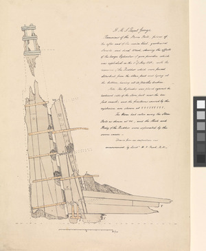H.M.S. Royal George. Remains of the Stern Posts, pieces of the after end of the main Keel - showing the effects of the large Cylinder of gun powder which was exploded on the 11th of May 1840 RMG PW7942f