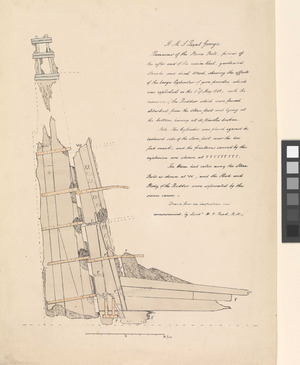 H.M.S. Royal George. Remains of the Stern Posts, pieces of the after end of the main Keel - showing the effects of the large Cylinder of gun powder which was exploded on the 11th of May 1840 RMG PW7942f