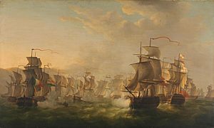 Het treffen tussen de Hollandse en de Britse vloot tijdens de tocht van de Hollandse flottielje naar Boulogne, 1804, Martinus Schouman, 1806.jpg