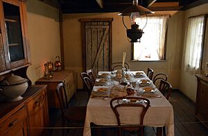 Interior of a wooden dwelling in a traditional Lithuanian shtetl, reconstructed in the South African Jewish Museum, Cape Town