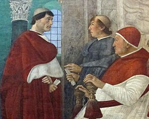 Melozzo da forlì, Sisto IV nomina Bartolomeo Platina Prefetto della Biblioteca Vaticana, 1477 ca. 02 (cropped2)