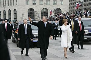 President George W. Bush and Mrs. Laura Bush Lead the Inaugural Parade down Pennsylvania Avenue en Route the White House