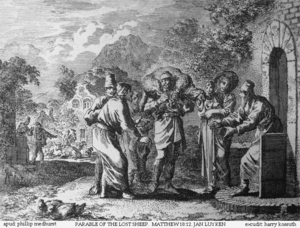 Teachings of Jesus 14 of 40. parable of the lost sheep. Jan Luyken etching. Bowyer Bible