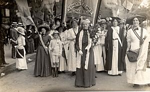 Women's Coronation Procession on 17 June 1911 - Charlotte Despard in front with Women's Freedom League banner behind