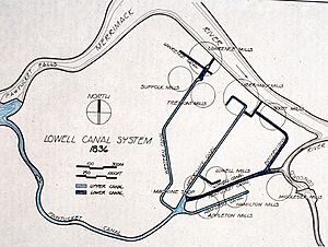 1836 map of canal system in Lowell, Massachusetts