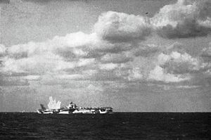 Bomb misses USS Hornet (CV-12) off Japan, in March 1945
