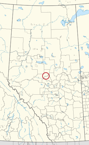 A map of the province of Alberta showing 80 counties and 145 small Indian reserves. One is highlighted with a red circle.