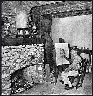 Claude Bell in his new Artist's Studio at Knott's Berry Farm, drawing Ed Strouse, Feb. 1954