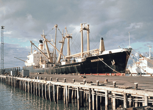 Hapag-Lloyd Cargo ship Badenstein 1974 in the port of Napier, New Zealand