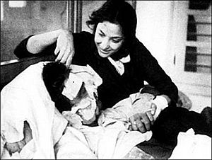 Nargis tends to an injured Sunil Dutt during the filming of Mother India