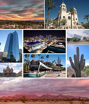 Images, from top, left to right: Papago Park at sunset, Saint Mary's Basilica, Chase Tower, Phoenix skyline at night, Arizona Science Center, Rosson House, the light rail, a saguaro cactus, and the McDowell Mountains