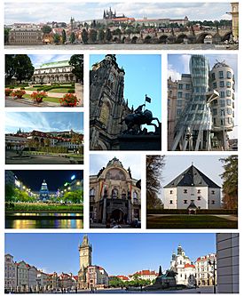 Montage of Prague, clockwise from top: Panorama of Prague Castle and Charles Bridge, Dancing House, Star Villa, Old Town Square, Wenceslas Square, Wallenstein Palace, Royal Garden at Prague Castle, St. Vitus Cathedral and Municipal House.