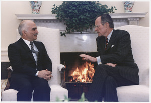 President Bush meets with King Hussein of Jordan in the Oval Office - NARA - 186446
