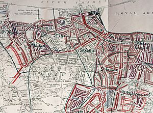 Printed Map Descriptive of London Poverty. Sheet 13(?) covering Woolwich (22643234567) (cropped)