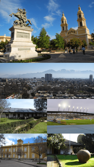 From top to bottom and left-right: The monument to Bernardo O'Higgins (left) and the Sagrario Cathedral (right) in the Plaza de los Héroes, view towards the city center from Membrillar street, the Casa patronal del ex fundo El Puente, the Estadio El Teniente, the Provincial Government of Cachapoal, the Rancagua Regional Museum.