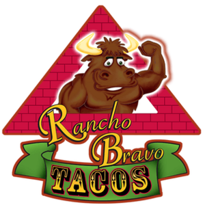 Colorful logo with an animal raising one arm and the text "Rancho Bravo Tacos"