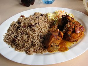 Rice and Beans, Stew Chicken and Potato Salad - Belize