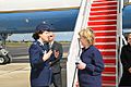 U.S. Air Force Col. Peggy Poore, commander, 65th Air Base Wing, greets Secretary of State Hillary Rodham Clinton during a stop at Lajes Field, Azores, Portugal, June 3, 2009 090603-F-MK264-040