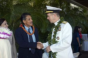 US Navy 051207-N-8157C-053 Chief of Naval Operations Adm. Mike Mullen is greeted by LT. Governor of Hawaii, Duke Aiona during the 64th commemoration of the Dec. 7, 1941 attack on Pearl Harbor, Hawaii