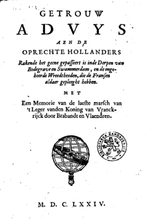 Abraham de Wicquefort - Getrouw advys aen de oprechte Hollanders... - titlepage - 1674