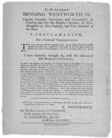Benning Wentworth governor Thanksgiving Proclamation
