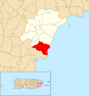 Location of Candelero Abajo within the municipality of Humacao shown in red