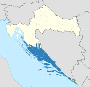  *  Dalmatia, on a map of Croatia *Sometimes regarded as Dalmatia:   (striped) Gračac Municipality *     Bay of Kotor area in Montenegro *     Rab Island and surroundings  