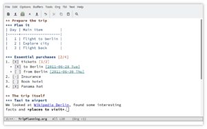 Example Org file showing planning for a short trip