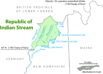Location of the Republic of Indian Stream, bordered to the north by the British colony of Lower Canada and to the south by the American state of New Hampshire.