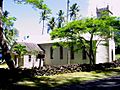 Photograph of the church established by Father Damien at the Kalaupapa Leprosy Settlement, behind a low stone wall and surrounded by palm and other trees.