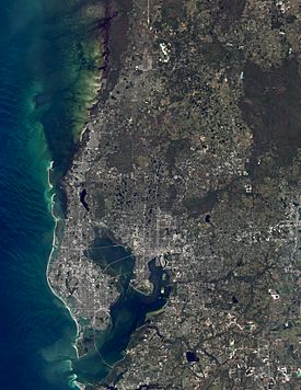 A natural color satellite image of the Tampa Bay Metropolitan Statistical Area. Composite image created from November 2019 imagery with NASA's Landsat 8 satellite.