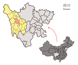 Location of Xinlong County (red) within Garzê Prefecture (yellow) and Sichuan